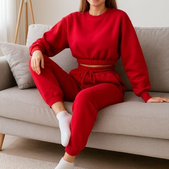 Zenana 2 Pcs Crop Sweatshirt Tracksuit High Waist Jogger Set Active Lounge Red - Picture 1 of 10
